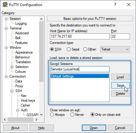 Guardar la sesión de una conexión SSH en Putty