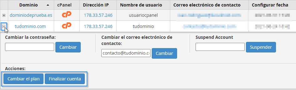 Modificar o eliminar cuentas de cPanel