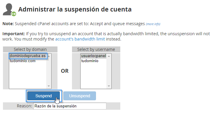 Suspender una cuenta de cPanel desde el WHM