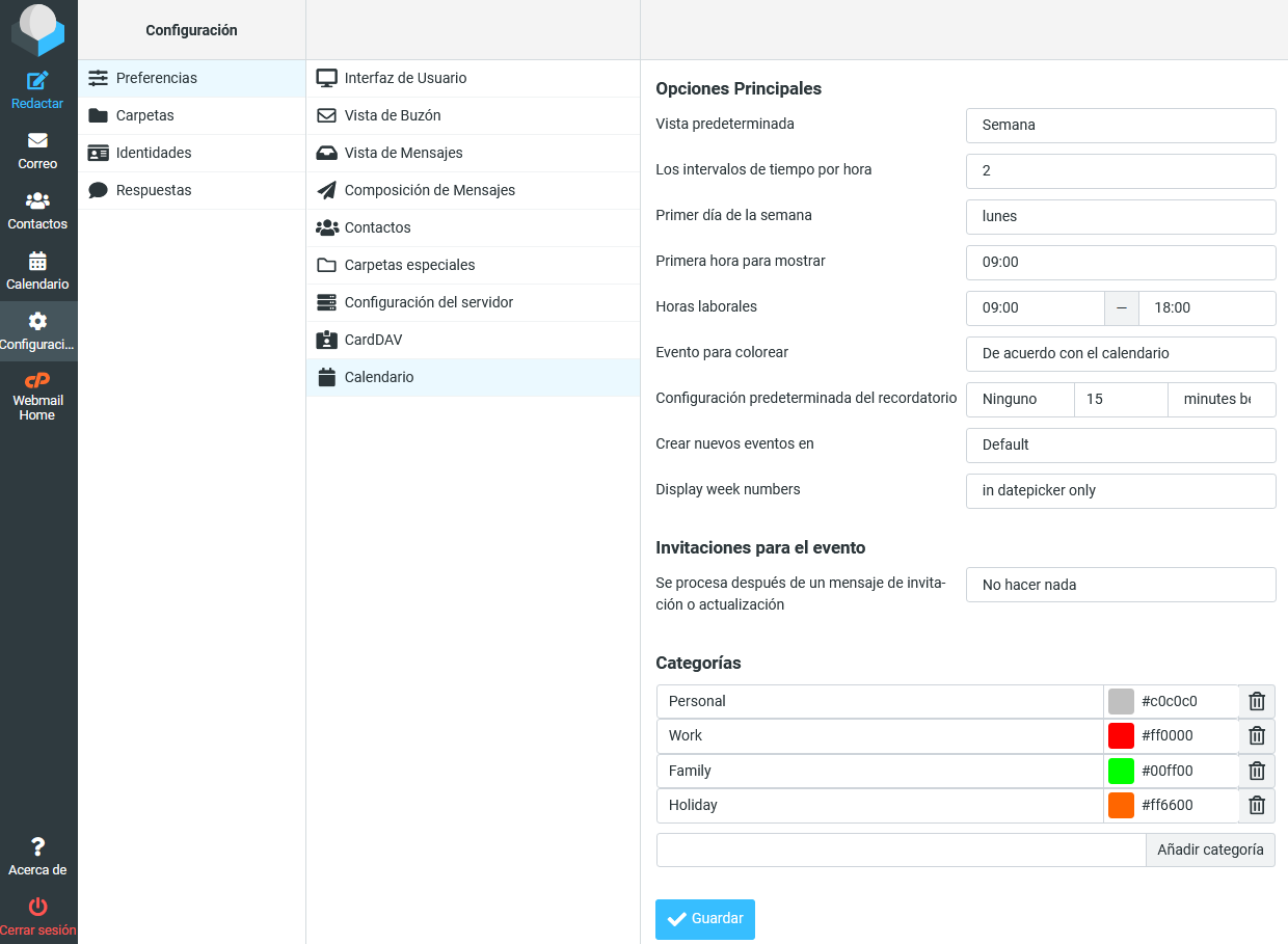 Configuración del calendario de Roundcube Webmail