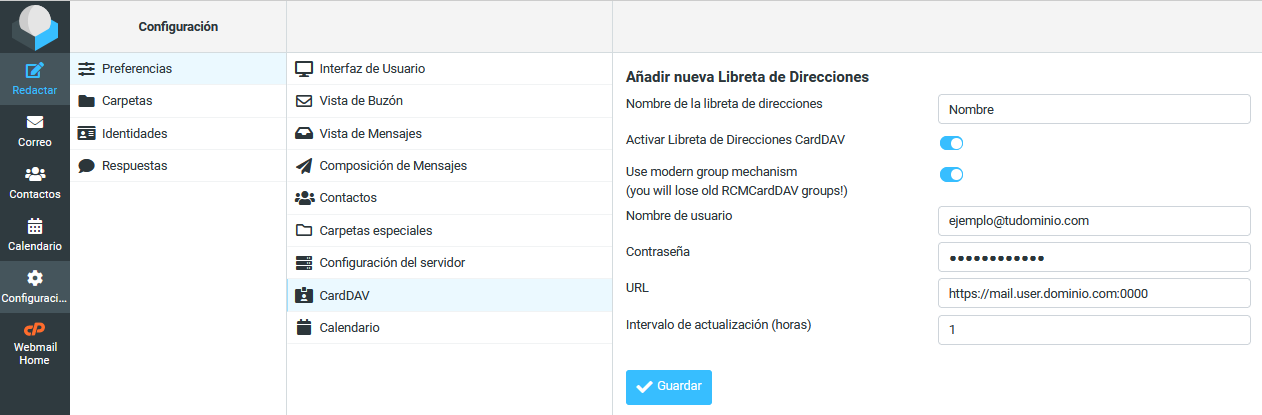 Configuración CardDAV en Roundcube Webmail