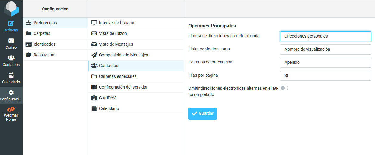 Configurar los ajustes de los contactos en Roundcube Webmail
