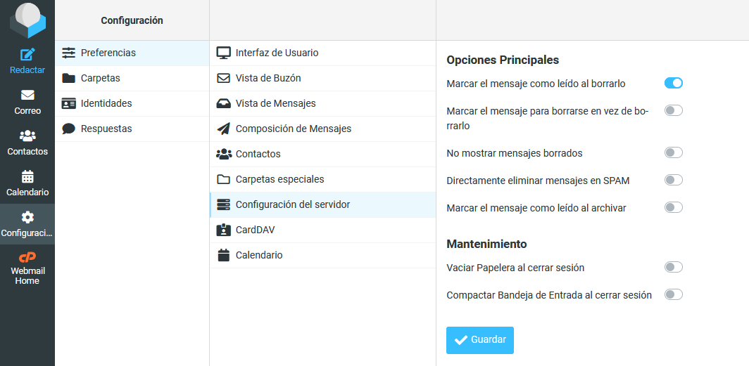 Configuración del servidor en Roundcube Webmail