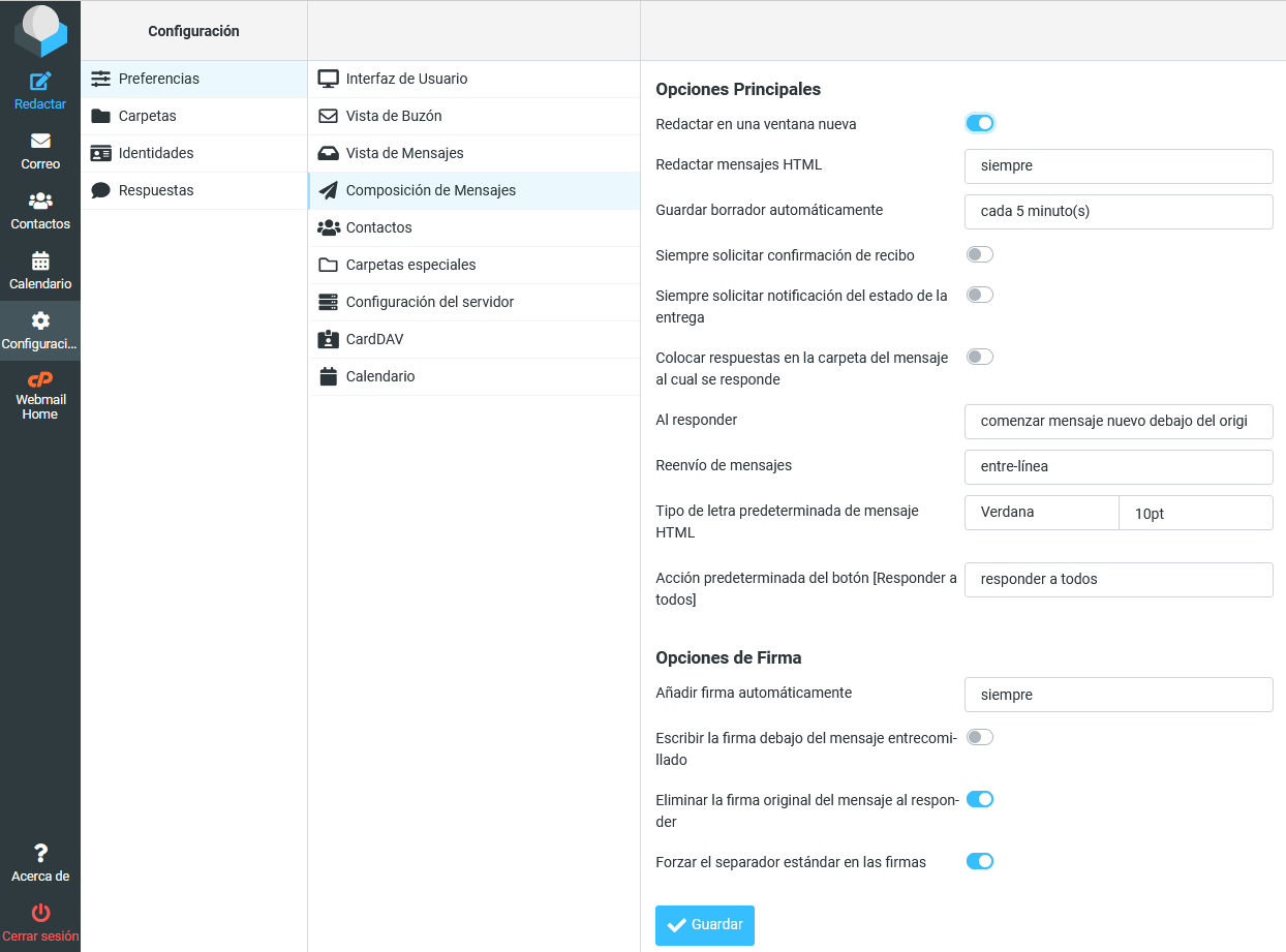 Configurar los ajustes de la composición de mensajes en Roundcube Webmail