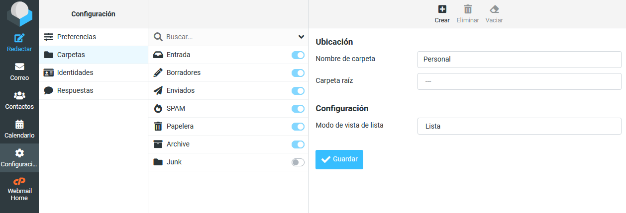 Crear una nueva carpeta en Roundcube Webmail