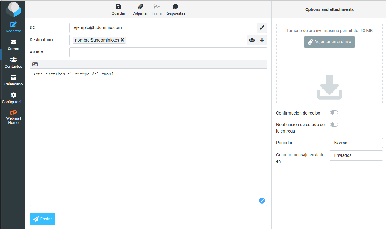 Crear y enviar un correo electrónico en Roundcube Webmail