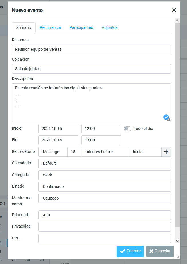 Crear un nuevo evento en Roundcube Webmail