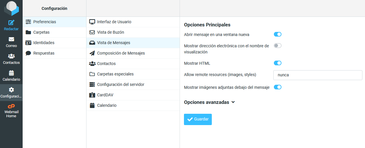 Configurar la vista de los mensajes en Roundcube Webmail