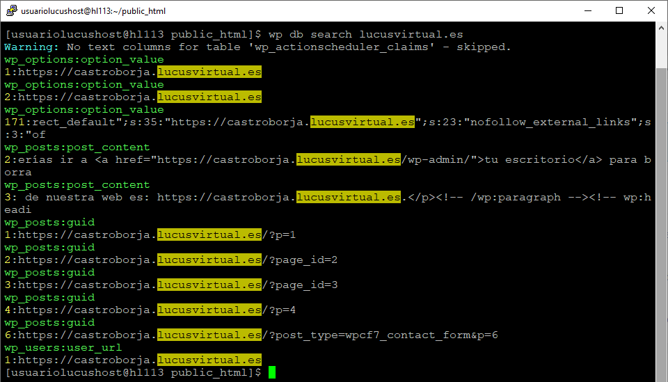 Comando de WP-CLI para buscar una cadena en la base de datos