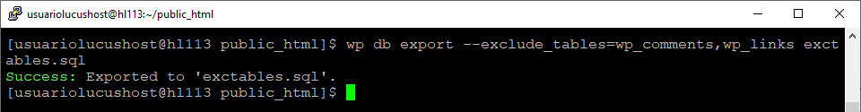 Comando de WP-CLI para exportar la base de datos, excluyendo algunas tablas.