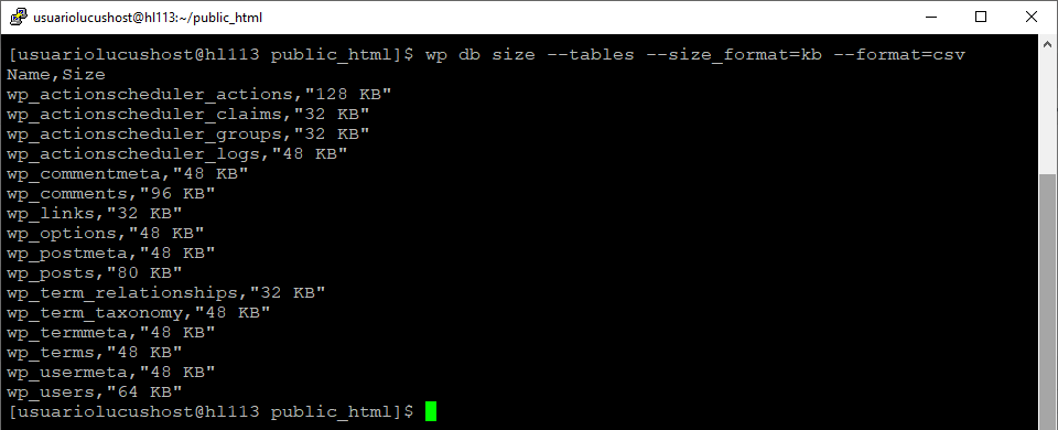 Comando de WP-CLI para comprobar el tamaño de las tablas de la base de datos