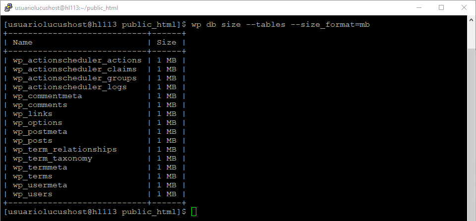 Comando de WP-CLI para comprobar el tamaño de las tablas de la base de datos