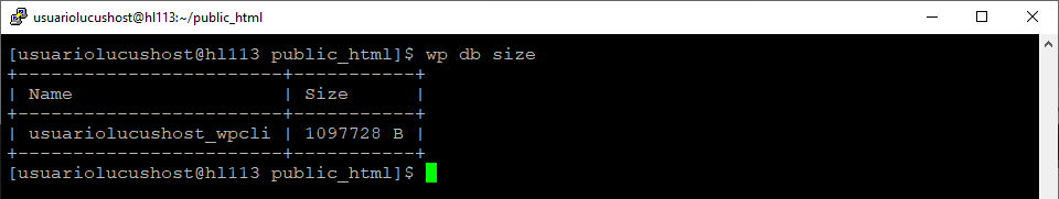 Comando de WP^-CLI para comprobar el tamaño de la base de datos