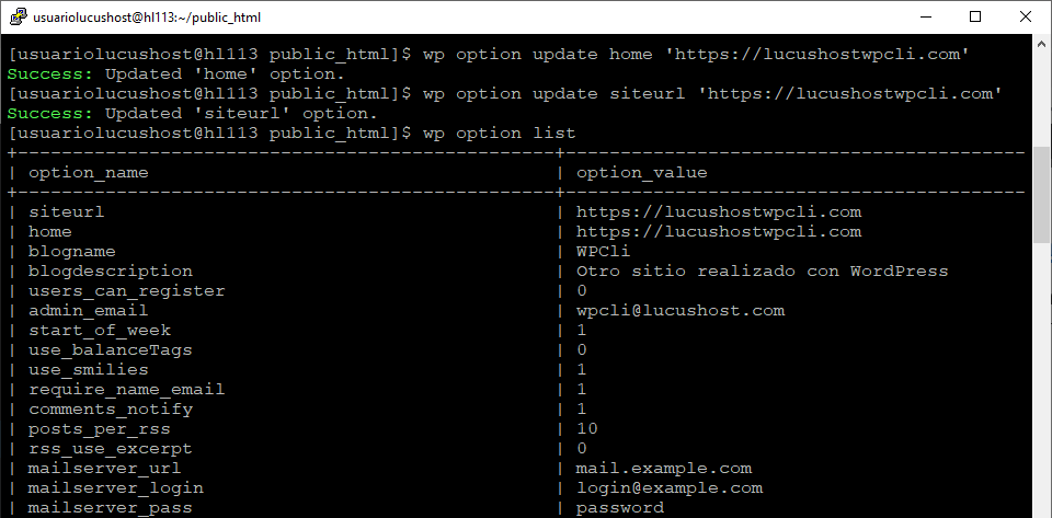 comando wpcli opciones actualizar home siteurl