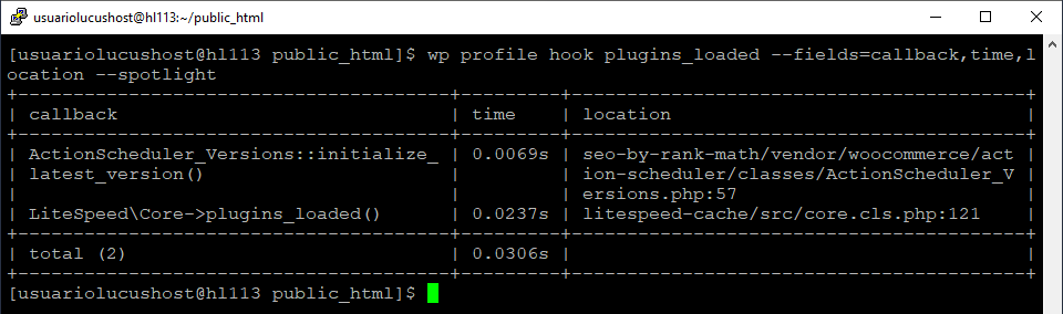 Comando del paquete WP Profile para analizar los tiempos de carga de plugins