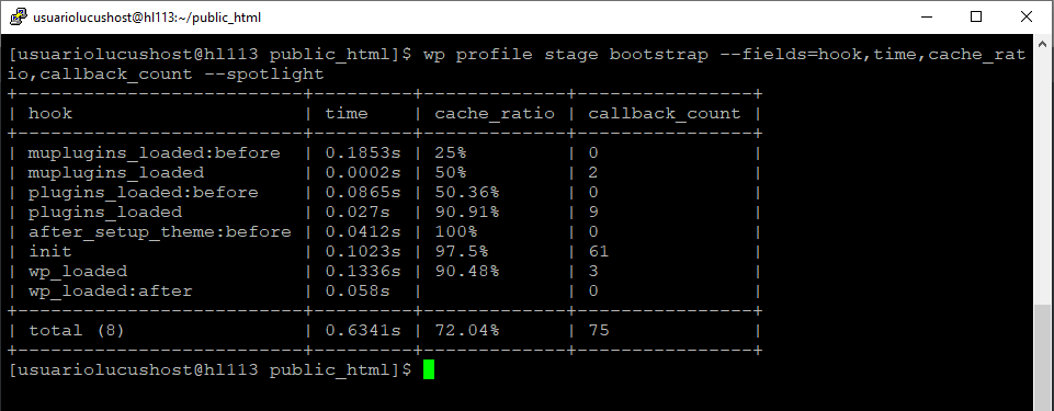 Comando del paquete WP Profile para analizar el tiempo de carga de Bootstrap