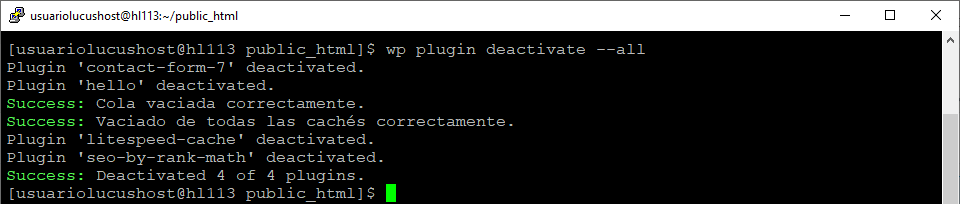 Comando de WP-CLI para desactivar un plugin de WordPress