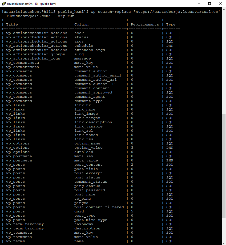 Comando de WP-CLI para sustituir cadena sin ejecutar