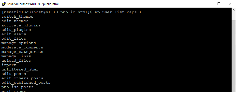 Comando de WP-CLI para comprobar las capacidades de un usuario de WordPress
