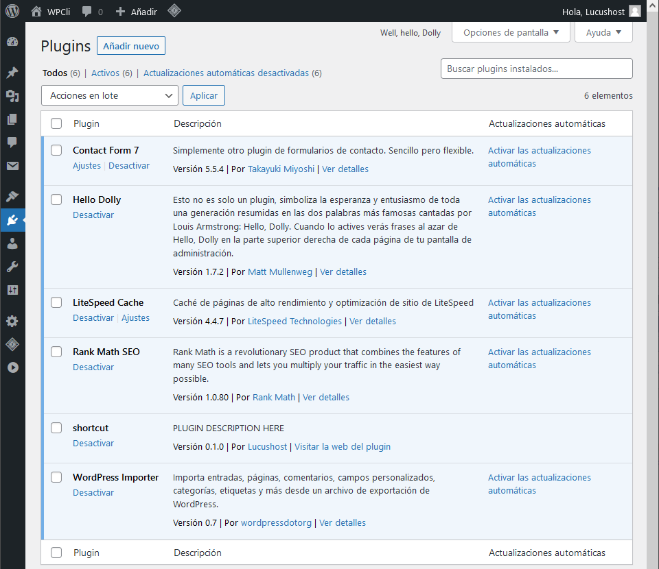 Visualización del plugin creado en el panel de administración de WordPress