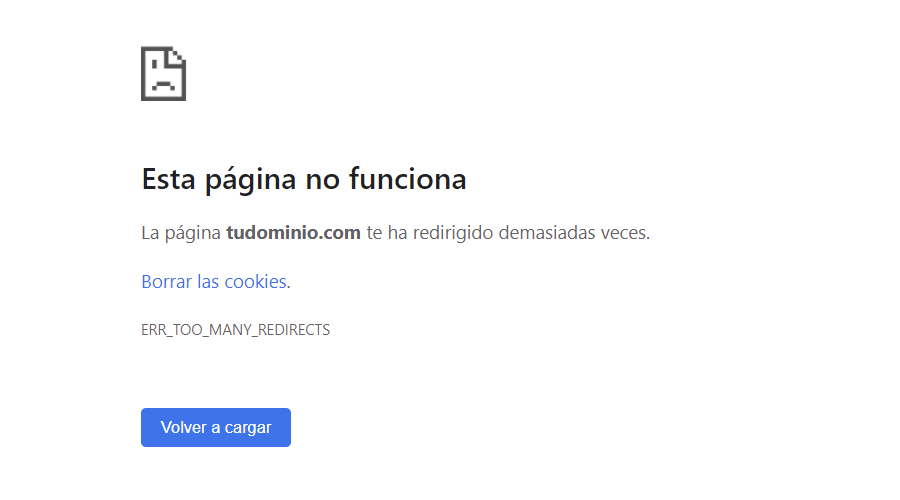 Ejemplo del err_too_many_redirects de PrestaShop en Chrome