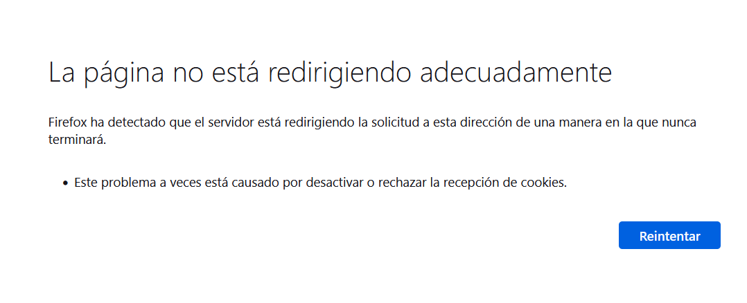 Ejemplo del err_too_many_redirects de PrestaShop en Firefox