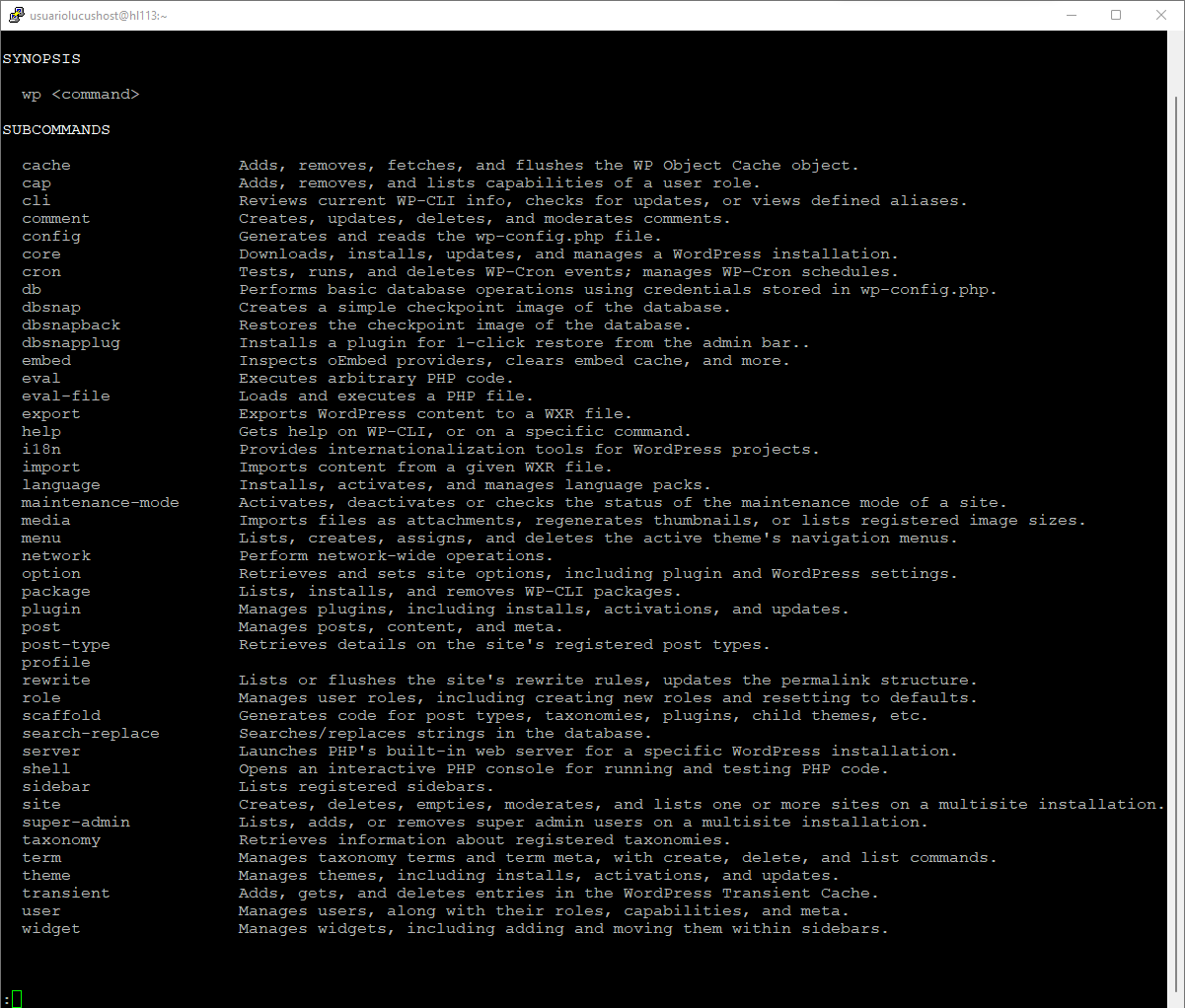 Listado de subcomandos de WP-CLI