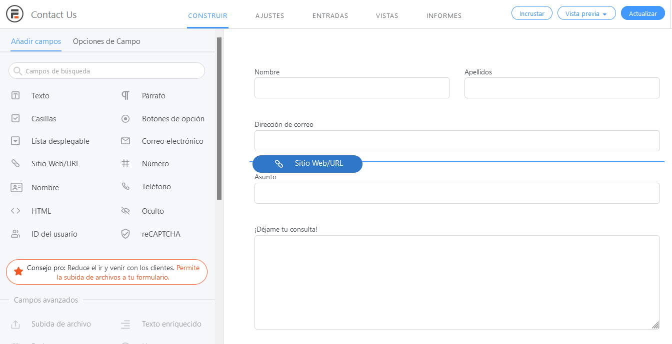 Añadir campos para crear un formulario de contacto con el plugin Formidable Forms