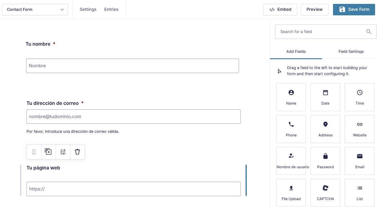 Añadir campos para crear un formulario de contacto con el plugin Gravity Forms