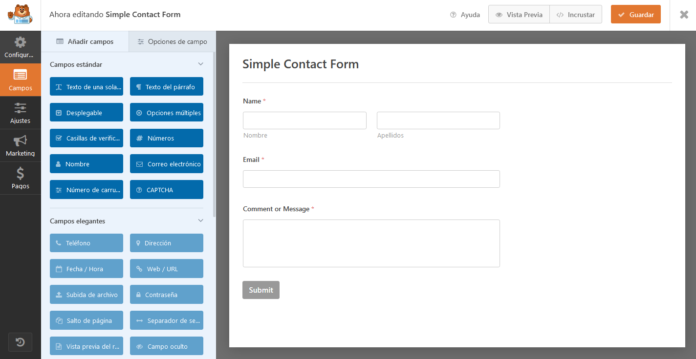 Crear un formulario de contacto con el plugin WP Forms