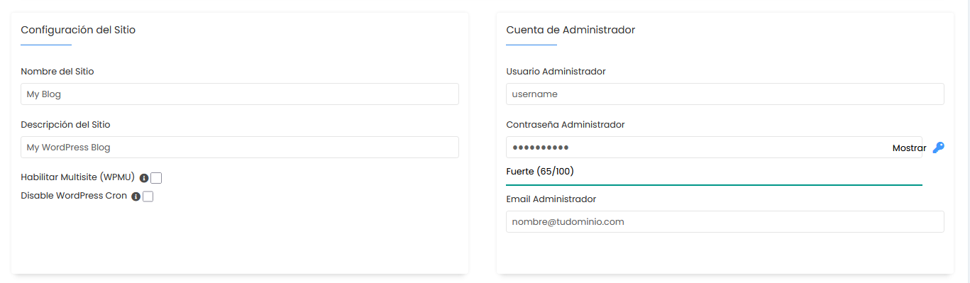 Establecer los datos de acceso a WordPress