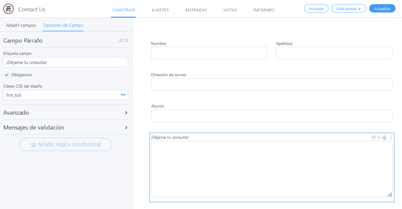 Modificar los campos para crear un formulario de contacto con el plugin Formidable Forms