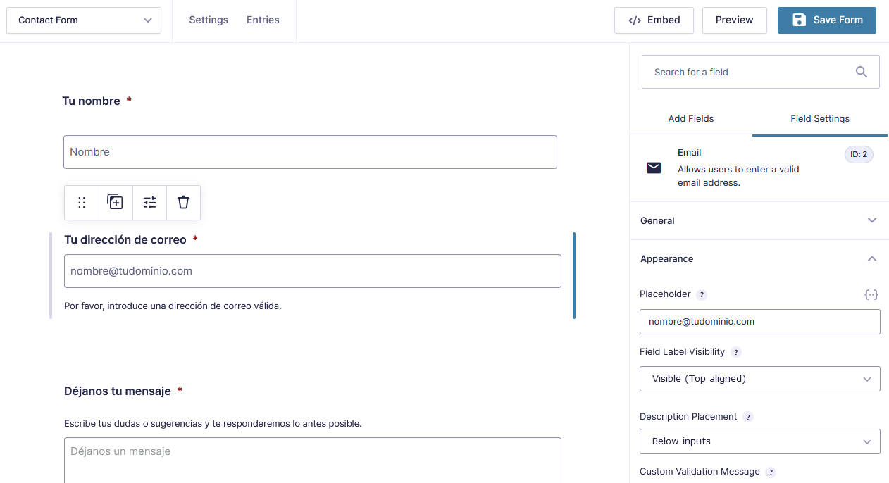 Modificar los campos para crear un formulario de contacto con el plugin Gravity Forms