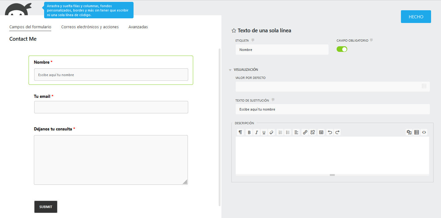 Modificar los campos para crear un formulario de contacto con el plugin Ninja Forms