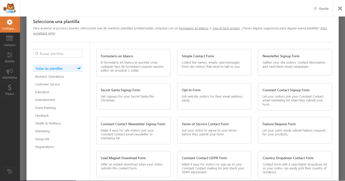 Plantillas disponibles en el plugin de formulario WP Forms