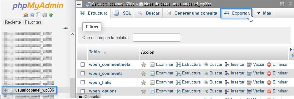 Exportar una base de datos a través de PHPMyAdmin