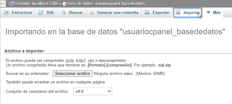 Importar una base de datos a través del PHPMyAdmin