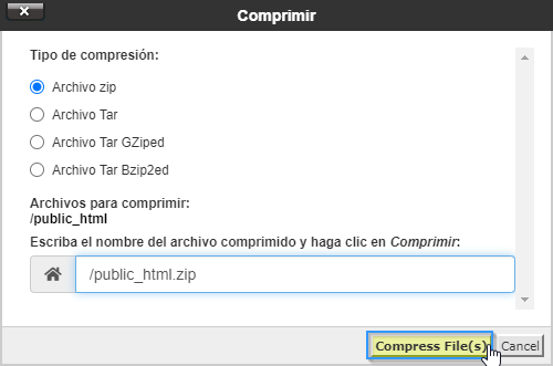 Establecer el nombre de un archivo comprimido con el Administrador de archivos de cPanel