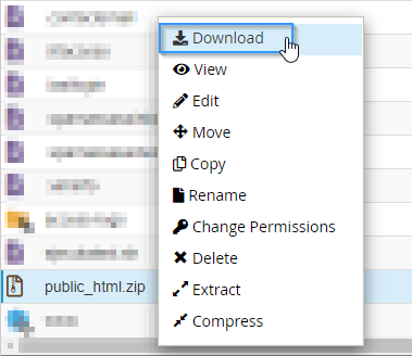 Descargar el archivo comprimido desde el Administrador de archivos de cPanel