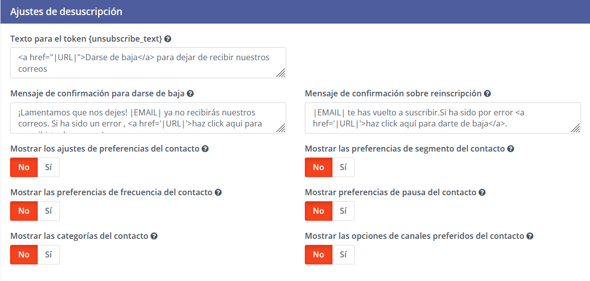 Ajustes de desuscripción en Mautic
