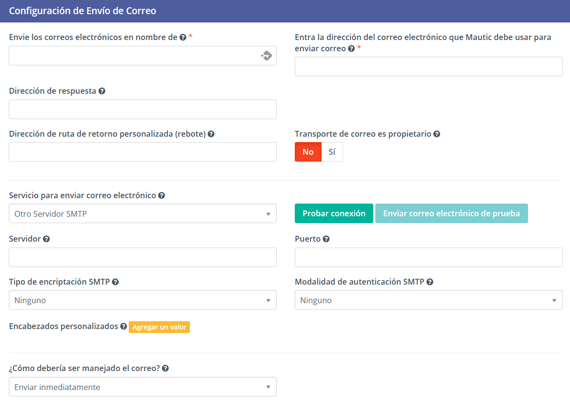 Configuración de envío de correo en Mautic