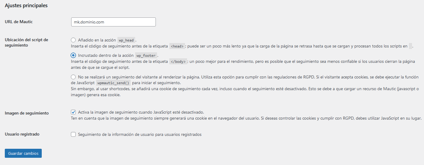 Configurar el seguimiento web en Mautic