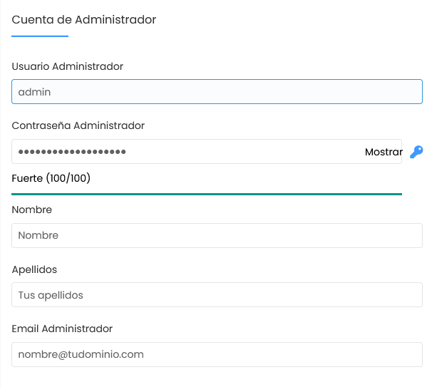 Establecer los datos del administrador para instalar Mautic