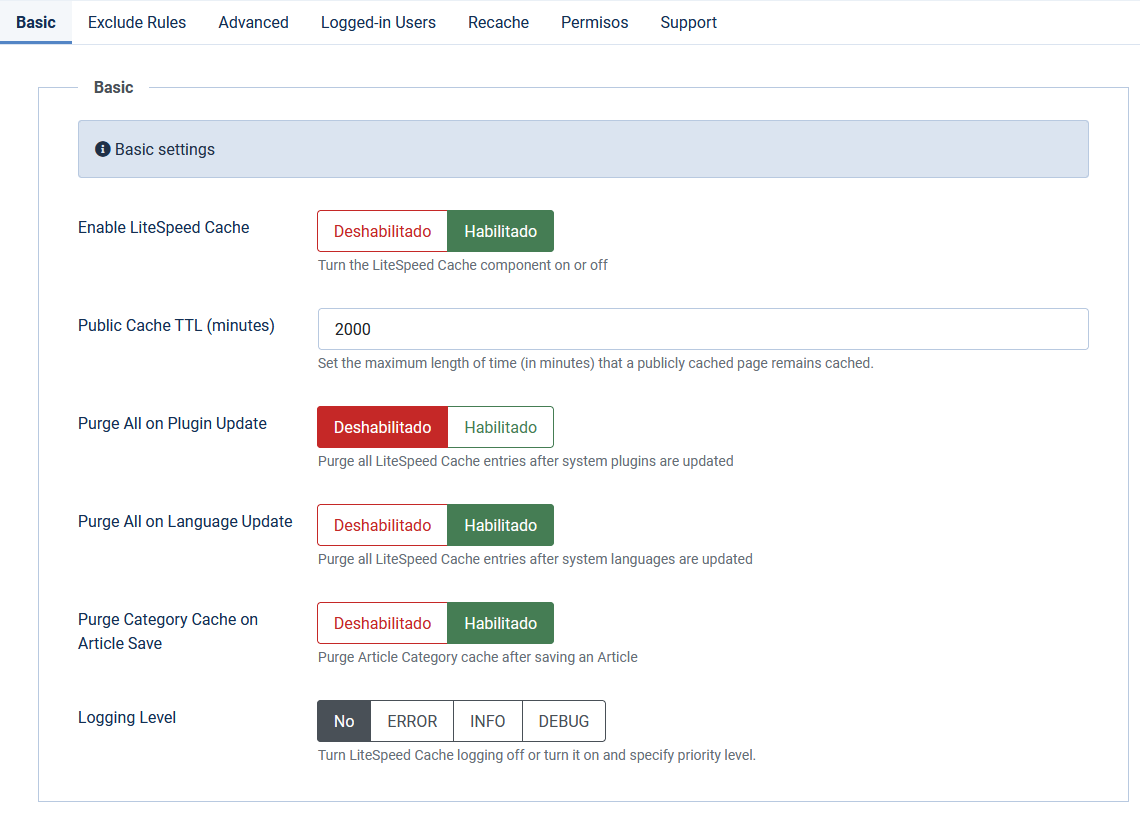 Ajustes básicos de LiteSpeed Cache para Joomla