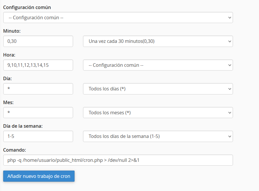 Añadir una nueva tarea cron en cPanel