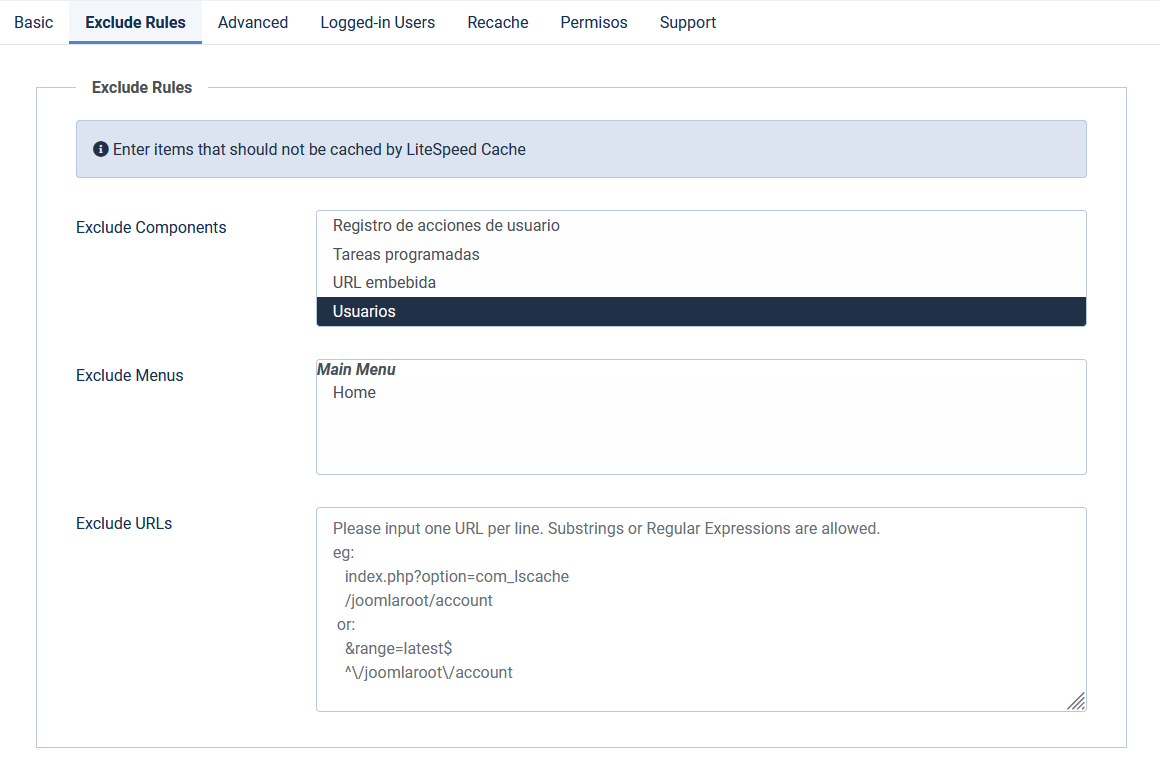 Reglas de exclusión de LiteSpeed Cache para Joomla
