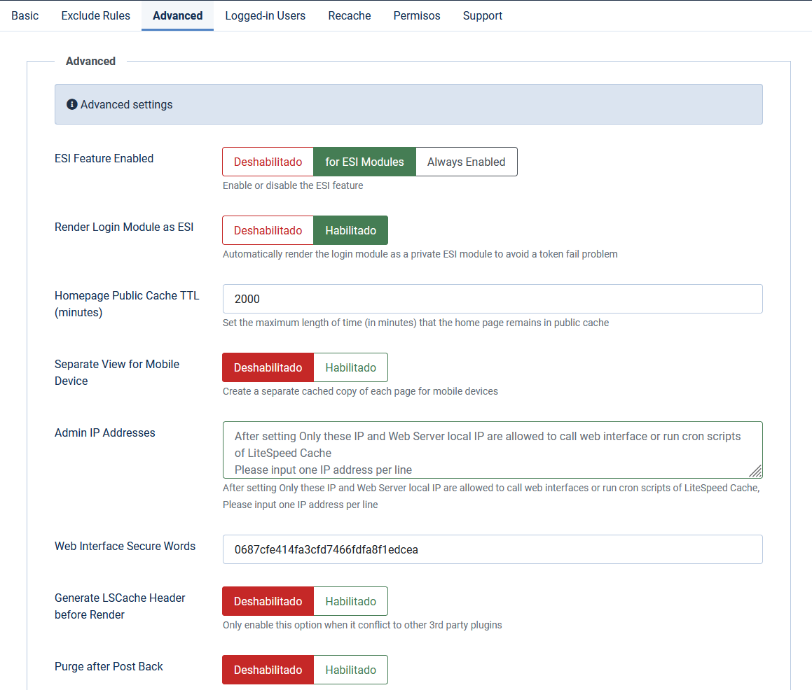 Opciones avanzadas de LiteSpeed Cache para Joomla