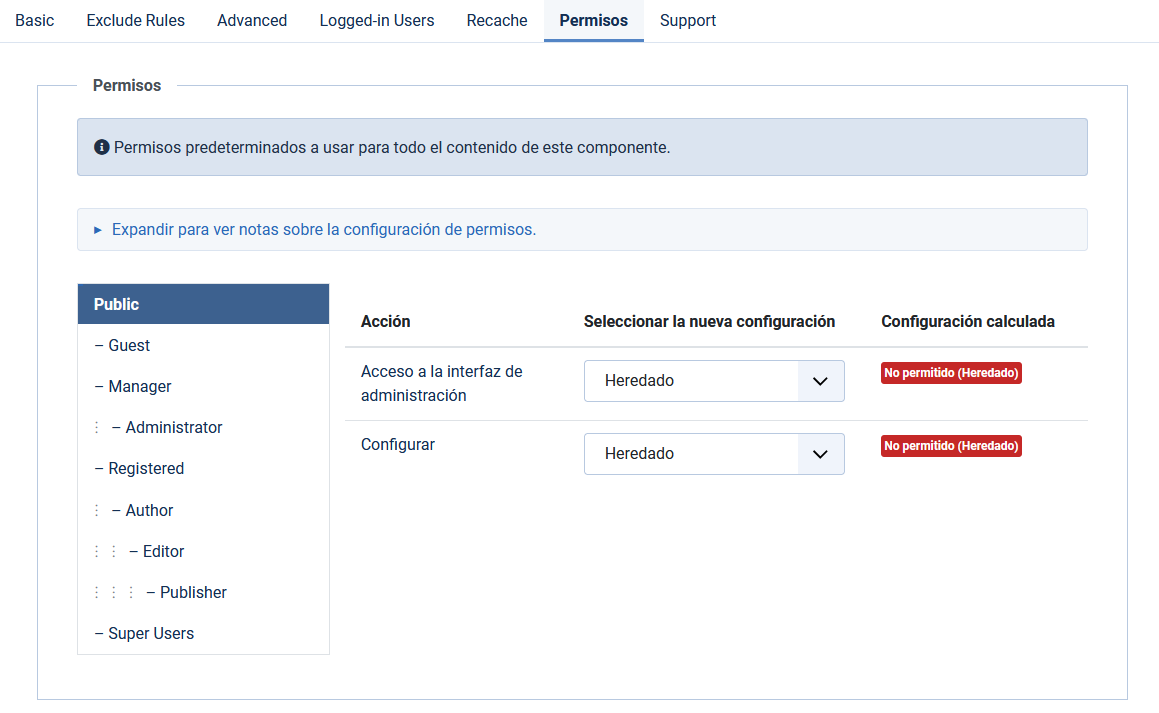 Ajustes de permisos de LiteSpeed Cache Joomla