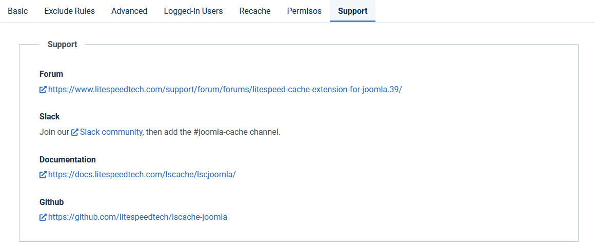 Opciones de soporte de LiteSpeed Cache Joomla
