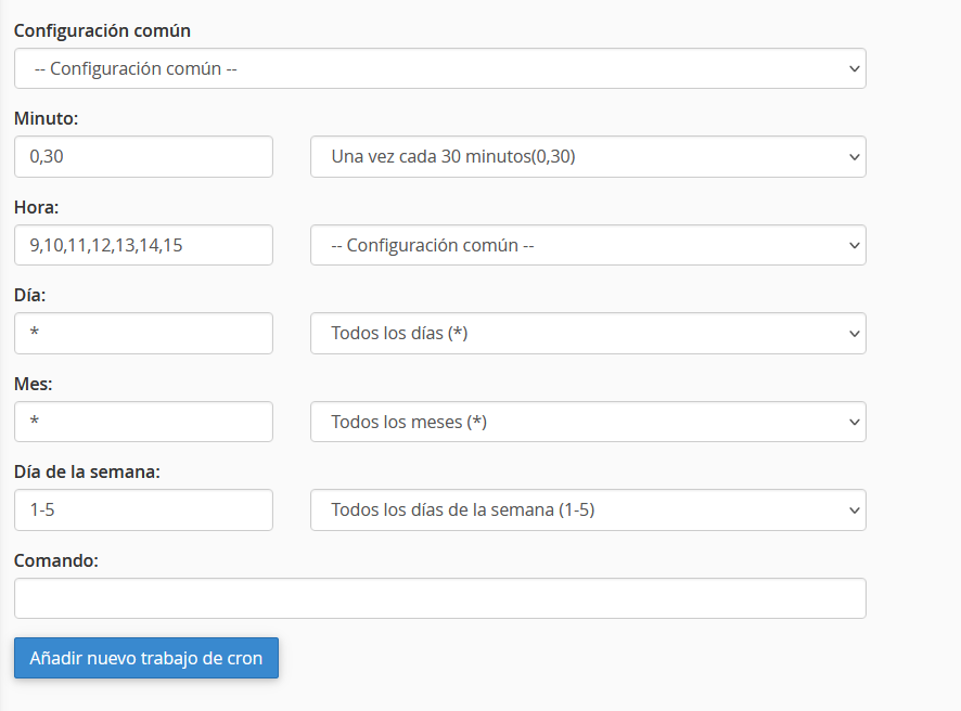 Ejemplo de una configuración personalizada de una tarea cron de cPanel